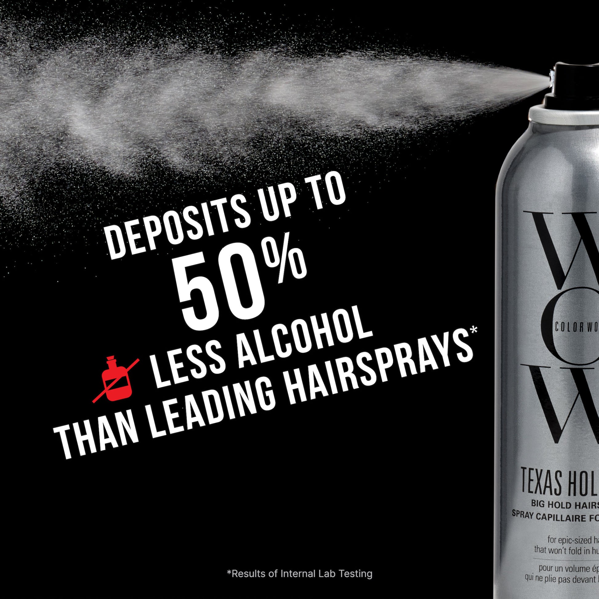 **"DEPOSITS UP TO 50% LESS ALCOHOL THAN LEADING HAIRSPRAYS\*"**  

\*Results of internal lab testing