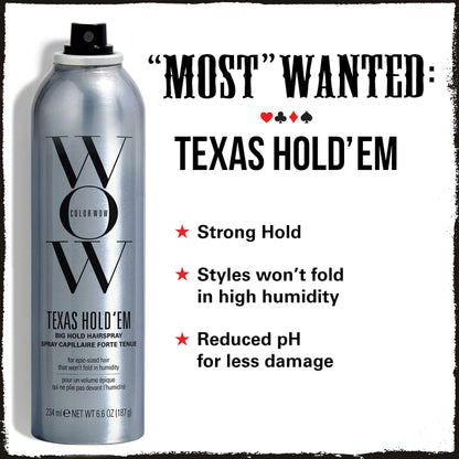 **"MOST" WANTED:**  
♥♦♣♠  
**TEXAS HOLD’EM**  

★ Strong Hold  
★ Styles won’t fold in high humidity  
★ Reduced pH for less damage